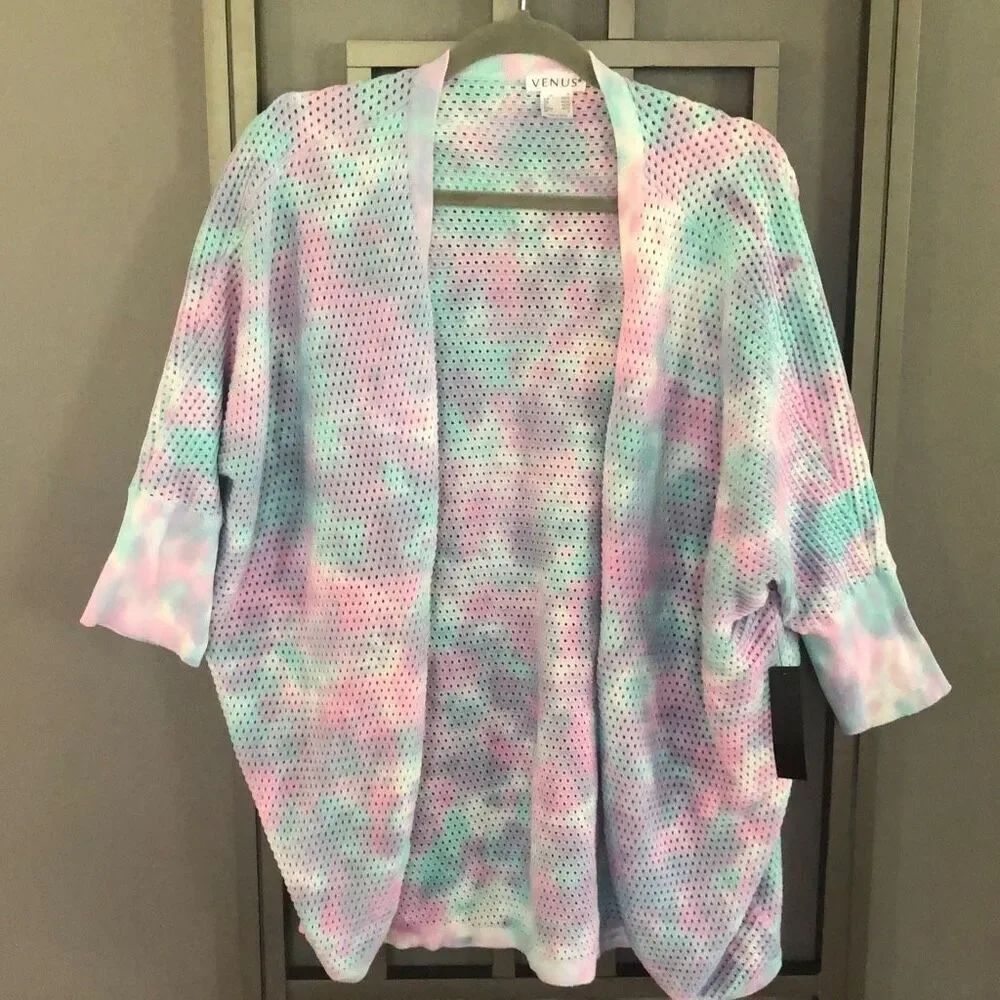 NWT Venus Purple and pink tie-dye￼ Three-quarter sleeve mesh ￼open sweater M